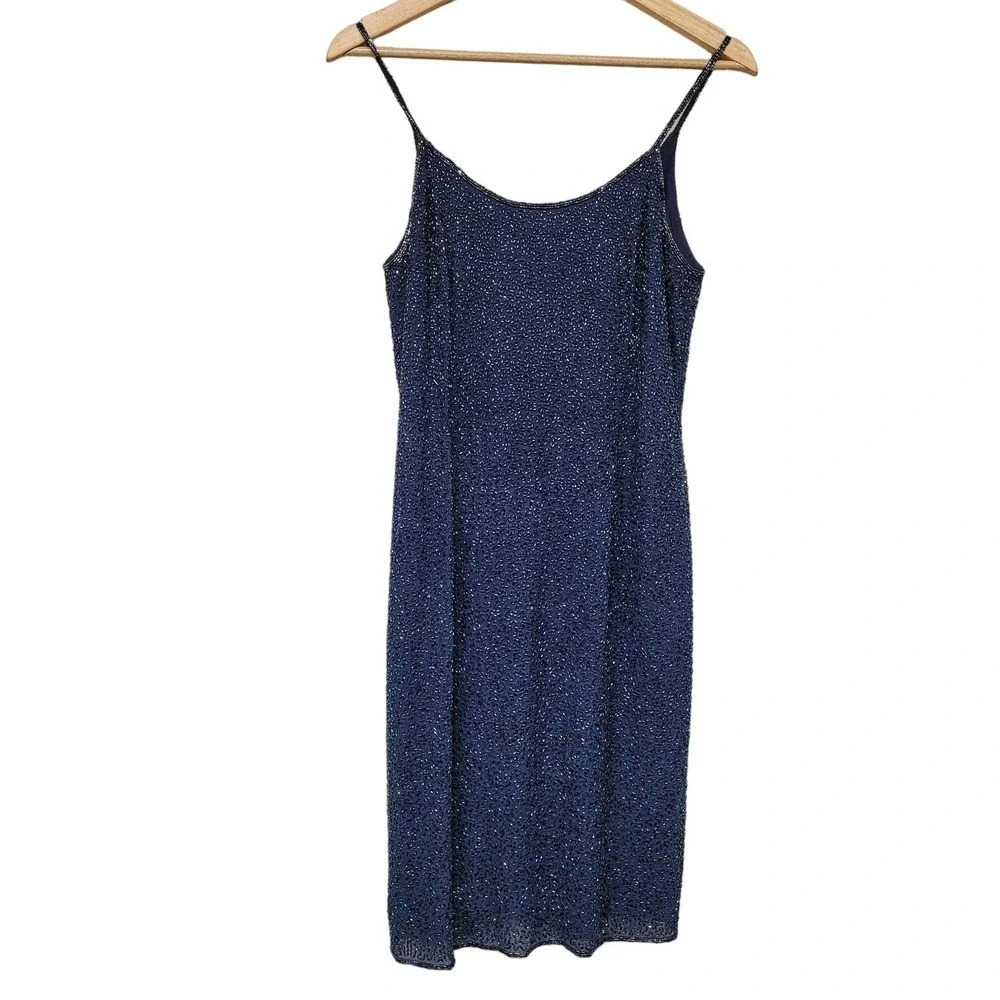 Adrianna Papell Women's 100% SILK Evening Dress Size 8 Navy Beaded Mini Formal